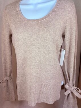 🎀 NWT CashmereCashmere Oatmeal Heather 100% Cashmere Bow Sleeve Sweater Taupe